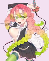 bangs big_breasts bouncing_breasts braided_hair demon_slayer female female_only green_eyes haori high-angle_view kanroji_mitsuri kimetsu_no_yaiba long_hair long_sleeves looking_at_viewer mole_under_eye no_bra open_mouth open_shirt pink_hair pleated_skirt siketa_matti smile solo sword thighhighs two_tone_hair unbuttoned_shirt uniform