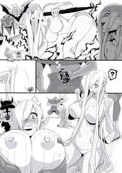 artist_request asherah_(megami_tensei) big_breasts black_lips elf_ears forced giantess horns incubus incubus_(megami_tensei) knife megami_tensei monochrome naked nipples oni oni_(megami_tensei) pointy_ears potion wings yellow_hair