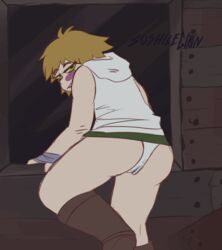 artist_signature ass ass_shake blush climbing clothing female female_only hand_wraps heather_mason leg_up lip_biting looking_at_viewer looking_back panties silent_hill silent_hill_3 skirt sleeveless_hoodie solo sushilegion tagme twerking window