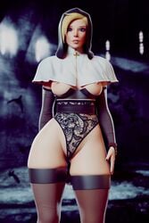 3d belt black_legwear blonde_hair blue_eyes headwear lace lingerie mercy nail_polish nipples no_visible_genitalia nun overwatch pedazon_(artist) scarf softcore solo solo_female stockings wide_hips