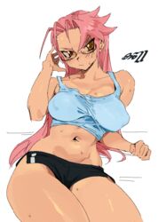 1girls booty_shorts breasts clothed clothing female female_only fully_clothed glasses highschool_of_the_dead human light-skinned_female light_skin long_hair pale_skin pink_hair saya_takagi shorts solo whoopsatro wide_hips