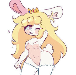 anthro blonde_hair bunny bunny_ears chubby crown lace mario_(series) mario_+_rabbids mario_+_rabbids:_kingdom_battle rabbid rabbid_peach raving_rabbids thighhighs white_background wink