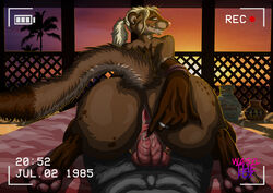 80's_theme absurd_res anthro ass ass_up big_butt bodily_fluids close-up digital_drawing_(artwork) digital_media_(artwork) digital_painting_(artwork) domestic_ferret dominant dominant_female duo ear_piercing female genital_fluids hi_res hybrid light lutrine male male/female mammal mature_female messy miami_vice mustela mustelid musteline oksana oldschool on_bottom on_top palm_tree piercing pussy_juice reverse_cowgirl_position sex sunlight thick_thighs true_musteline vaporwave wasylthefox wet