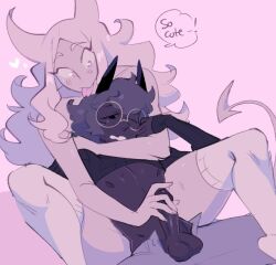 1boy 1boy1girl 1girls 2019 blush color demon demon_girl devil_horns digital_drawing_(artwork) digital_media_(artwork) femdom gentle_femdom glasses handjob heart long_hair monde_(vontecristo) oc original original_character penis purple_skin reach_around size_difference speech_bubble stockings text tongue_out vontecristo