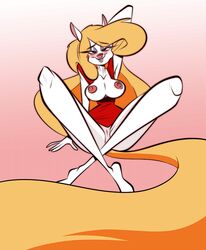 animaniacs anthro blonde_hair blush breasts female genitals hair long_hair mammal minerva_mink mink mustelid musteline nipples pussy solo themrock true_musteline warner_brothers