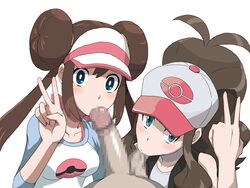 1boy 2girls :>= absurdres ball_sucking bare_shoulders baseball_cap blue_eyes breasts brown_hair cap censored clothes collaborative_fellatio creatures_(company) double_bun erection fellatio female game_freak hair hair_bun hat high_ponytail highres hilda_(pokemon) human human_only long_hair looking_at_viewer male medium_breasts multiple_girls nintendo oral parumezan penis poke_ball_symbol pokemon pokemon_(game) pokemon_bw pokemon_bw2 ponytail pov rosa_(pokemon) shiny shiny_skin shirt simple_background straight teamwork testicles tied_hair v very_long_hair visor_cap white_background white_shirt