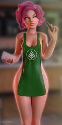 1girls 3d alternate_breast_size apron apron_only blue_eyes casual clothed female female_only hourglass_figure human iced_latte_with_breast_milk jineisho maeve_(paladins) meme outerwear paladins pale_skin pink_hair public solo solo_female watermark wide_hips