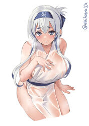 bangs big_breasts blush ebifurya female_only grey_eyes hairband kamoi_(kantai_collection) kantai_collection long_hair looking_at_viewer see-through_clothing side_slit sidelocks silver_hair solo thick_eyebrows tied_hair visible_breath wet wet_clothes