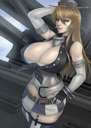 10s 1girls arm_up armor asymmetrical_legwear battleship belt blonde_eyebrows blonde_hair blue_eyes breasts bursting_breasts cannon chains cleavage closed_mouth cowboy_shot eyebrows eyelashes eyeliner eyeshadow facing_viewer female female_focus front-tie_top garter_straps gloves gorget hair_between_eyes hand_behind_head headgear high_resolution highres huge_breasts iowa_(kantai_collection) kantai_collection lips lipstick long_hair looking_at_viewer machinery makeup mascara microskirt miniskirt mismatched_legwear okai okai418 skindentation skirt smile solo stitches striped striped_legwear thighhighs unbuttoned vertical-striped_legwear vertical_stripes wrist_cuffs