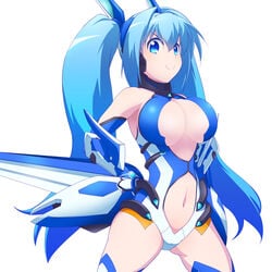 alternate_costume alternate_hair_color alternate_hairstyle blue_hair body_armour bodysuit large_breasts ore_twintail_ni_narimasu posing tail_blue twoearle