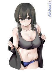 akitsu_maru_(kantai_collection) bangs big_breasts black_eyes black_hair blush cleavage ebifurya female female_only kantai_collection looking_at_viewer pale-skinned_female pale_skin panties solo sports_bra sweat undressing visible_breath wet