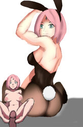 backless backless_outfit bare_shoulders before_and_after boruto:_naruto_next_generations breasts bunny_ears bunny_girl bunnysuit chibi dark-skinned_male dark_skin fake_animal_ears fake_tail foot_fetish footjob green_eyes hairband interracial leotard light-skinned_female light_skin milf naruto naruto_(series) nipples penis pink_hair prototypelulu sakura_haruno sex smile spread_legs