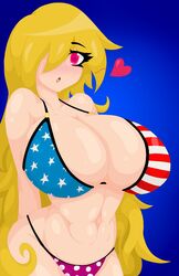 1girls abs aged_up alternate_breast_size american_flag_bikini arms_behind_back bikini blonde_hair blush breasts cleavage clownpiece female female_only heart heart-shaped_pupils huge_breasts long_hair megamoo muscular_female pink_eyes solo solo_female swimsuit touhou