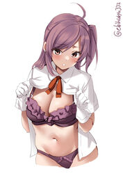 1girls ahoge blush bra breasts cleavage clothing ebifurya female female_only frilled_bra gloves hagikaze_(kantai_collection) kantai_collection long_hair matching_underwear medium_breasts neck_ribbon open_shirt panties presenting purple_bra purple_hair purple_panties shirt shirt_lift short_sleeves side_ponytail solo undressing uniform white_gloves white_shirt