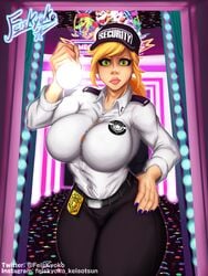 1girls artist_name barely_contained big_breasts big_thighs blonde_hair blue_nail_polish blue_nails breasts busty button_gap curvaceous curvaceous_figure curvy curvy_figure feiskyoko female female_only five_nights_at_freddy's five_nights_at_freddy's:_security_breach flashlight green_eyes hi_res huge_breasts large_breasts looking_at_viewer pony_tail ponytail security_guard shirt solo straining_buttons straining_clothing thick thick_thighs tight_clothes tight_clothing tight_shirt uniform vanessa_(fnaf) voluptuous wide_hips