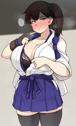 ... big_breasts black_bra black_legwear black_thighhighs blush bra breasts brown_eyes brown_hair cleavage female female_only hakama_skirt huge_breasts japanese_clothes kaga_(kantai_collection) kantai_collection lace-trimmed_bra looking_at_viewer open_clothes ponytail ryuun_(stiil) side_ponytail single_glove solo sweat thick_thighs visible_breath zettai_ryouiki