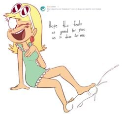 blush cumming dialogue female foot_on_balls foot_on_penis footjob fully_clothed leni_loud mannysdirt nickelodeon nude_male sitting sunglasses_on_head the_loud_house wink