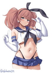 atlanta_(kantai_collection) bangs big_breasts blush brown_hair bunny_ears crop_top earrings ebifurya female_only gloves grey_eyes hairbow highleg_panties kantai_collection long_gloves looking_at_viewer miniskirt no_bra pleated_skirt sailor_collar shimakaze_(kantai_collection)_(cosplay) sleeveless_shirt solo thong twintails underboob white_gloves