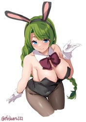 bangs big_breasts blue_eyes blush braid braided_hair bunny_ears bunnysuit cleavage ebifurya female_only gloves green_hair high-angle_view kantai_collection long_hair looking_at_viewer mole_on_breast mole_under_mouth neck_ribbon pantyhose single_braid smile solo thigh_gap white_gloves yuugumo_(kantai_collection)