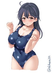 ahoge bangs big_breasts black_hair blue_swimsuit blush ebifurya female female_only kantai_collection looking_at_viewer medium_hair navel one-piece_swimsuit polka_dot solo swimsuit ushio_(kantai_collection) yellow_eyes