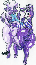 ... angel anthro ass big_butt bottomless bovid butt_grab caprine cervid cherub clothed clothing collin_(helluva_boss) duo glistening glistening_body glistening_butt halo hand_on_butt happy_tree_friends heart helluva_boss hi_res hooves looking_at_viewer looking_back looking_back_at_viewer male mammal mime_(htf) off_shoulder parasitedeath partially_clothed rear_view sheep simple_background speech_bubble thick_thighs white_face wings