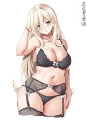 big_breasts black_bra black_panties blonde_hair blush cleavage ebifurya female_only garter_belt garter_straps hair_between_eyes kantai_collection lace-trimmed_bra lace-trimmed_panties lace-trimmed_thighhighs lingerie long_hair looking_at_viewer mole_on_breast mole_under_eye mole_under_mouth richelieu_(kantai_collection) solo thick_thighs wide_hips zettai_ryouiki