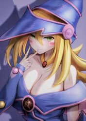 big_breasts blonde_hair cleavage dark_magician_girl female green_eyes huge_breasts massive_breasts metae simple_background tagme yu-gi-oh!