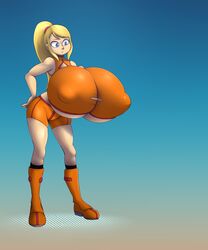 1girls big_breasts blonde_hair breast_expansion breasts female female_only huge_breasts metachoke metroid nintendo orange_suit samus_aran solo solo_female tagme