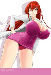 arcwind_black bakunyuu black_and_red_panties breasts bursting_breasts character_name cleavage curvaceous curvy_body curvy_figure curvy_hips depth_of_field dress english_text eyelashes facing_viewer female hand_on_hip high_resolution highres hourglass_figure huge_breasts impossible_clothes labcoat lace lace-trimmed_panties lace_trim latex latex_dress legs lips lipstick long_hair looking_at_viewer matching_hair/eyes matching_hair_and_eyes microskirt minidress miniskirt original panties pantyshot parted_lips pink_dress pink_latex plain_background red_eyes red_hair red_panties revealing_clothes shadow short_dress silhouette simple_background skirt solo tail thighs tight_clothing tight_dress white_background zipper