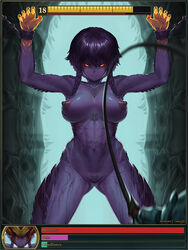 body_markings breasts censored censored_pussy dragon_girl league_of_legends mayhem_(artist) monster_girl nipples nude nude_female orange_eyes pixelated purple_skin scales scalie shyvana tagme vagina whip