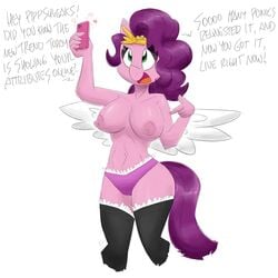 a_new_generation anthro anthrofied areola breasts cellphone clothing english_text equid equine female fluttershythekind fur gesture green_eyes hair hasbro hi_res legwear livestream mammal mlp_g5 my_little_pony nipples panties pegasus phone pink_body pink_fur pipp_petals_(mlp) pointing purple_hair smartphone stockings text underwear white_background wings