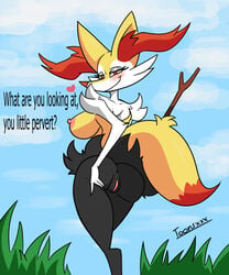 2021 artist_signature ass ass_grab big_breasts braixen breasts dialogue eltoonsz english_text fur furry heart huge_ass huge_breasts looking_at_viewer looking_back pink_nipples pink_pussy pokémon_(species) pokemon pokemon_(species) pokemon_xy pokephilia pussy sideboob smile stick talking_to_viewer toonsxxx underboob