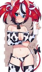 1girls 2d animal_ears ass_visible_through_thighs belly belly_button bikini black_hair blue_eyes boob_window breasts choker cow_bell cow_bikini cow_print cow_print_thighhighs eyepatch_bikini female female_focus female_only hakos_baelz hololive hololive_english hololive_english_-council- hololive_english_-promise- large_breasts milk milk_bottle multicolored_hair navel rat_ears rat_tail red_hair side-tie_bikini signature smiling solo solo_female solo_focus swimsuit tail thighhighs virtual_youtuber white_hair yoako