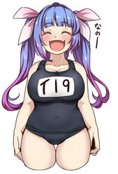 bangs big_breasts blue_hair blush busty cleavage closed_eyes color colored cute_fang eyebrows_visible_through_hair eyes_closed female female_only hair_ribbon hairbow i-19_(kantai_collection) kantai_collection long_hair navel one-piece_swimsuit open_mouth ryuun_(stiil) school_swimsuit simple_background smile solo solo_female swimsuit thick_thighs thigh_gap tied_hair twintails two_tone_hair white_background wide_hips