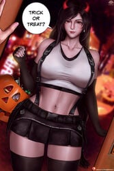 1girls breasts candy devil_horns earring final_fantasy final_fantasy_vii final_fantasy_vii_remake halloween jack-o'-lantern light-skinned_female long_hair looking_at_viewer midriff minnhsg navel smile smiling_at_viewer square_enix thick_thighs thighs thunder_thighs tifa_lockhart voluptuous wide_hips