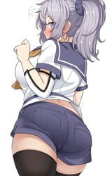 aoba_(kantai_collection) armwear ass back_view big_ass big_breasts black_legwear black_thighhighs blush female female_only grey_hair kantai_collection lavender_hair looking_at_viewer looking_back ponytail purple_eyes ryuun_(stiil) sailor_collar scrunchie serafuku short_shorts short_sleeves shorts solo thick_thighs thighhighs tied_hair wide_hips zettai_ryouiki