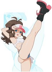 1girls absurdres aged_up armpit ass blue_eyes boots booty_shorts brown_hair female hand_on_hat hat hilda_(pokemon) holding_hat leg_lift medium_breasts no_panties partially_visible_vulva pokemon pokemon_bw sexynomicon shoes short_shorts shorts skimpy small_breasts smile solo tank_top thighs trucker_hat white_background