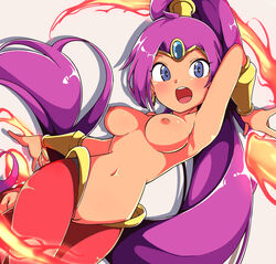 :d absurdres arabian_clothes arm_up armpits blue_eyes blush bracer breasts circlet dark-skinned_female dark_skin earrings female fire forehead_jewel gokuu_(acoloredpencil) harem_pants high_ponytail highres jewelry long_hair looking_at_viewer navel nipples nude_filter open_mouth pants pointy_ears purple_hair pussy red_pants sapphire_(gemstone) shantae shantae_(character) simple_background smile smooth_skin solo stomach third-party_edit underboob very_long_hair wayforward white_background