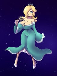 :3 aqua_dress aqua_eyes big_breasts blonde_hair breast_expansion cleavage clothing crown dress earrings female huge_breasts large_breasts looking_at_viewer mario_(series) metachoke nintendo pigeon-toed princess_rosalina smile solo space super_mario_galaxy teeth wand