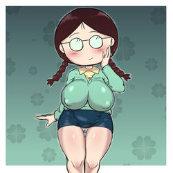 areola_bulge big_breasts blush circle_glasses clothed female female_only glasses huge_breasts kaxiota looking_at_viewer miniskirt oc original panties simple_face skirt smile smiling solo_female solo_focus tagme thick_thighs thighs twin_braids