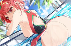 1girls arm_support armpits ass ass_focus back back_cutout bangs black_swimsuit breasts breasts_out clothing_cutout competition_swimsuit cowboy_shot elbow_rest female gold_trim hair_ornament hanging_breasts large_breasts leaning_forward looking_at_viewer medium_hair nipples one-piece_swimsuit palm_tree partially_submerged pool pyra red_eyes red_hair solo swept_bangs swimsuit tiara tomas_(kaosu22) tree wardrobe_malfunction wet xenoblade_(series) xenoblade_chronicles_(series) xenoblade_chronicles_2