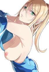 aqua_eyes areolae ass bangs bare_shoulders bodysuit breasts cleavage closed_mouth eyebrows_visible_through_hair female hair_between_eyes hair_tie high_ponytail large_breasts long_hair metroid mole mole_under_mouth nintendo nipples one_breast_out samus_aran super_smash_bros. tomas_(kaosu22) zero_suit zero_suit_samus