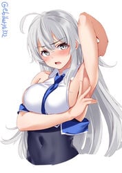 ahoge arm_up armpit armpit_fetish big_breasts blush ebifurya embarrassed female female_only grey_eyes kantai_collection long_hair navel necktie sideboob silver_hair sleeveless_shirt solo tight_clothing upper_body washington_(kantai_collection)