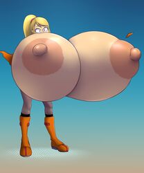 big_breasts blonde_hair breast_expansion breasts female female_only gigantic_breasts huge_breasts hyper hyper_breasts metachoke metroid nintendo orange_suit puffy_nipples samus_aran solo solo_female tagme