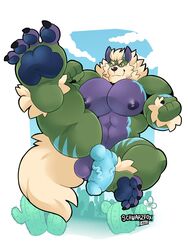 anthro arcanine balls big_pecs blue_penis feet fur genitals green_body green_fur hi_res male male_only muscular muscular_anthro muscular_male nintendo nipples nude pawpads pecs penis pokemon pokemon_(species) schwarzfox solo video_games