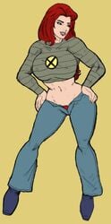 1girls clothed female female_only front_view full_body human human_only jean_grey light-skinned_female light_skin marvel pants pubic_hair red_hair solo standing straight_hair tagme unzipped_pants voluptuous voluptuous_female wolverino x-men