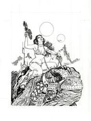 belly_dancer_outfit black_and_white boots cleavage dancer_outfit dewback esteban_maroto fit_female greyscale harem_girl harem_outfit holding_weapon large_breasts long_hair official_art princess_leia_organa riding slave slave_bikini slave_leia slave_outfit star_wars tatooine