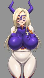 1girls belly big_breasts bodysuit clothed clothed_female eye_contact female female_only female_superhero fully_clothed grey_background hero_outfit_(mha) horns huge_breasts large_breasts long_hair looking_at_viewer mask mount_lady my_hero_academia pale-skinned_female pale_skin pink_eyes sole_gem solo_female superheroine thick_thighs thighs wide_hips yuu_takeyama