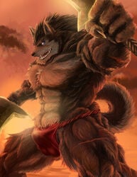 abs anthro blue_eyes bulge clothing crotch_bulge day detailed dual_wielding fighting_stance fundoshi gawein-dragon grey_fur holding_object holding_sword holding_weapon huge_muscles looking_aside looking_at_viewer male male_only open_mouth outdoors pecs pose quads raised_tail red_clothing red_underwear rouen scar scar_on_arm scar_on_face scar_on_leg sega sharp_teeth shining_(series) shining_tear_x_wind shining_wind sky solo spread_arms standing tail topless underwear wolf