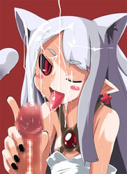 animal_ears black_nails black_sclera cat_ears cat_tail censored clothed_female_nude_male cum_on_face cumshot demon_girl earrings fur makai_kingdom nippon_ichi_software pointy_ears pram white_hair